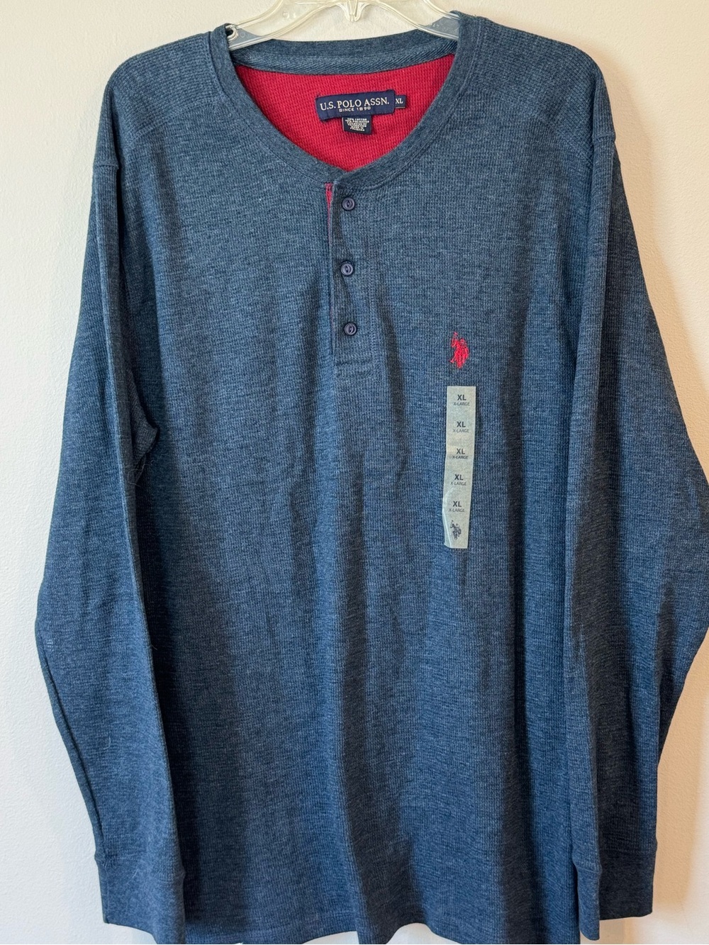 New Mens U.S Polo Assn. Blue Long Sleeve Waffle Knit Henley Shirt Size XL